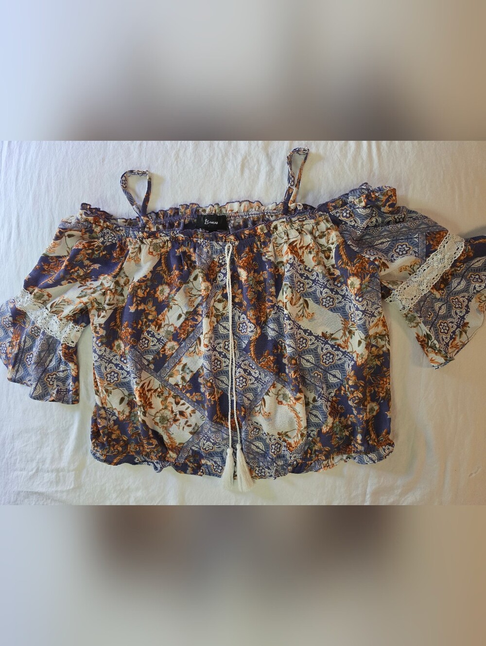 B•Wear 2010s Patchwork Paisley Lace Bell Sleeve Peasant Blouse XL